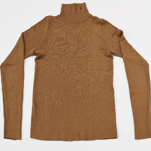 Gold lurex turtleneck, tan beige tight pullover, elegant basic long sleeve - Picture 1 of 5